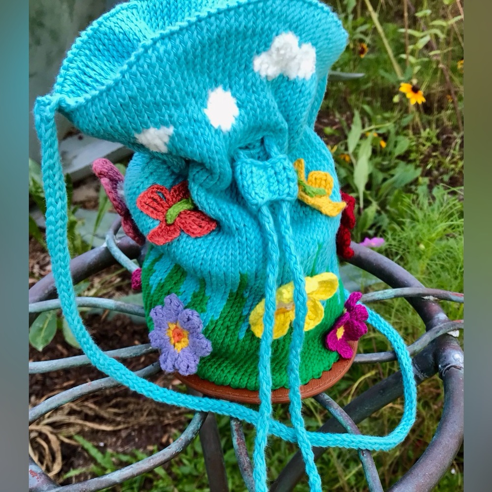 Handmade Knit & Crochet Nice Day Round Small Floral Butterfly Crossbody Bag - Picture 12 of 16